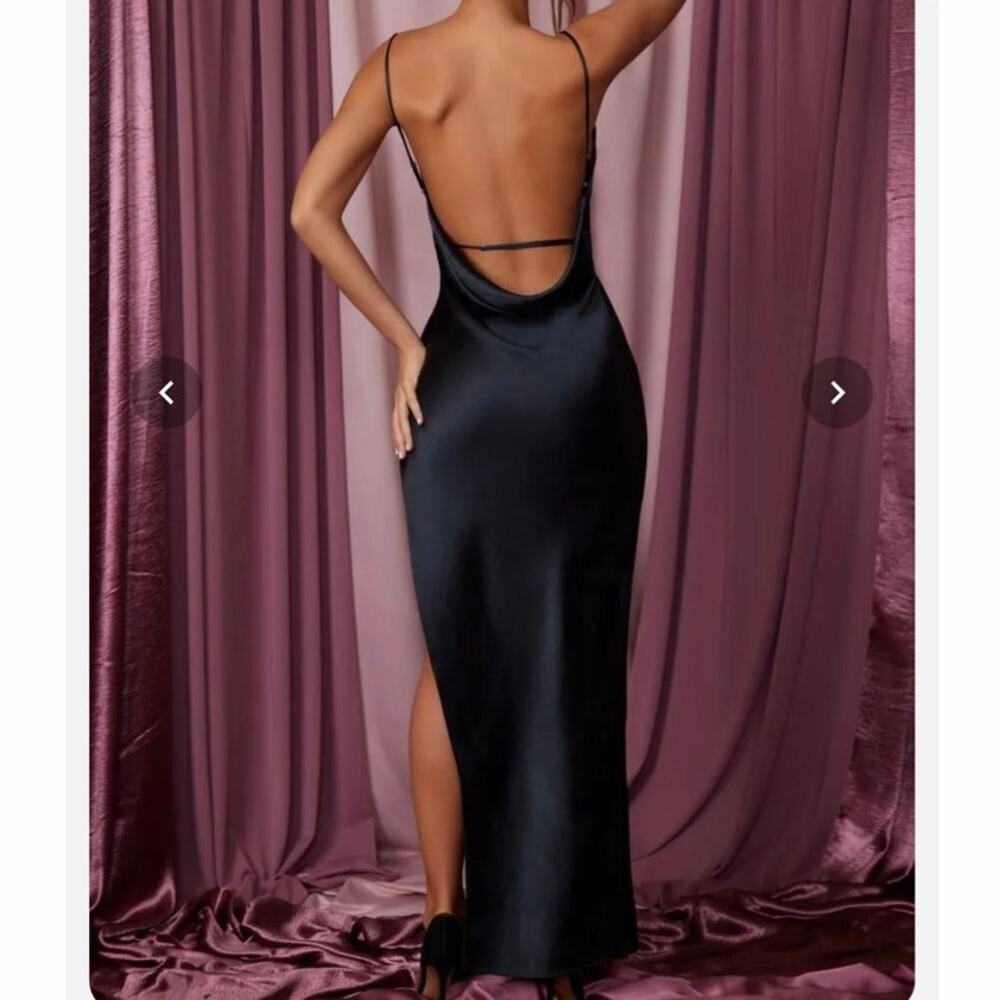 NWOT Oh Polly Black Cowl Neck Backless High Slit Maxi Dress US 2 - Picture 4 of 14